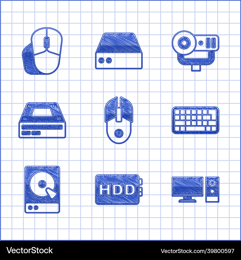 Set computer mouse hard disk drive hdd monitor Set computer mouse hard disk drive hdd monitor vector image
