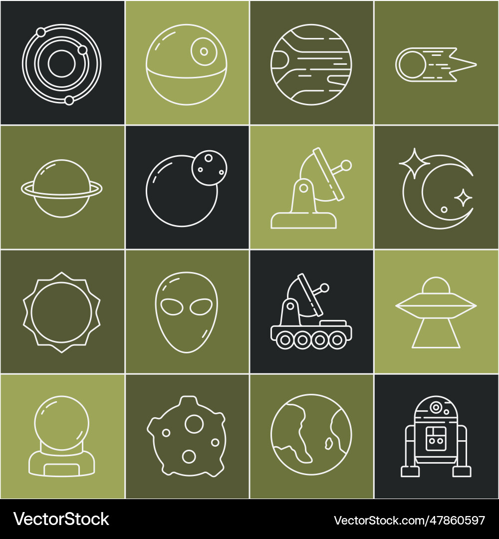 Set line robot ufo flying spaceship moon vector image