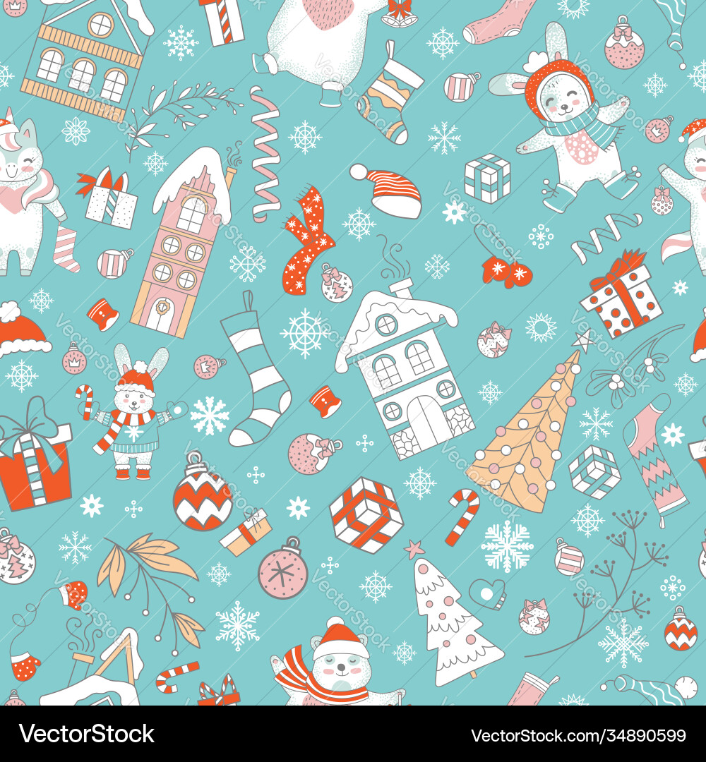 Characters and christmas elements seamless pattern Characters and christmas elements seamless pattern vector image