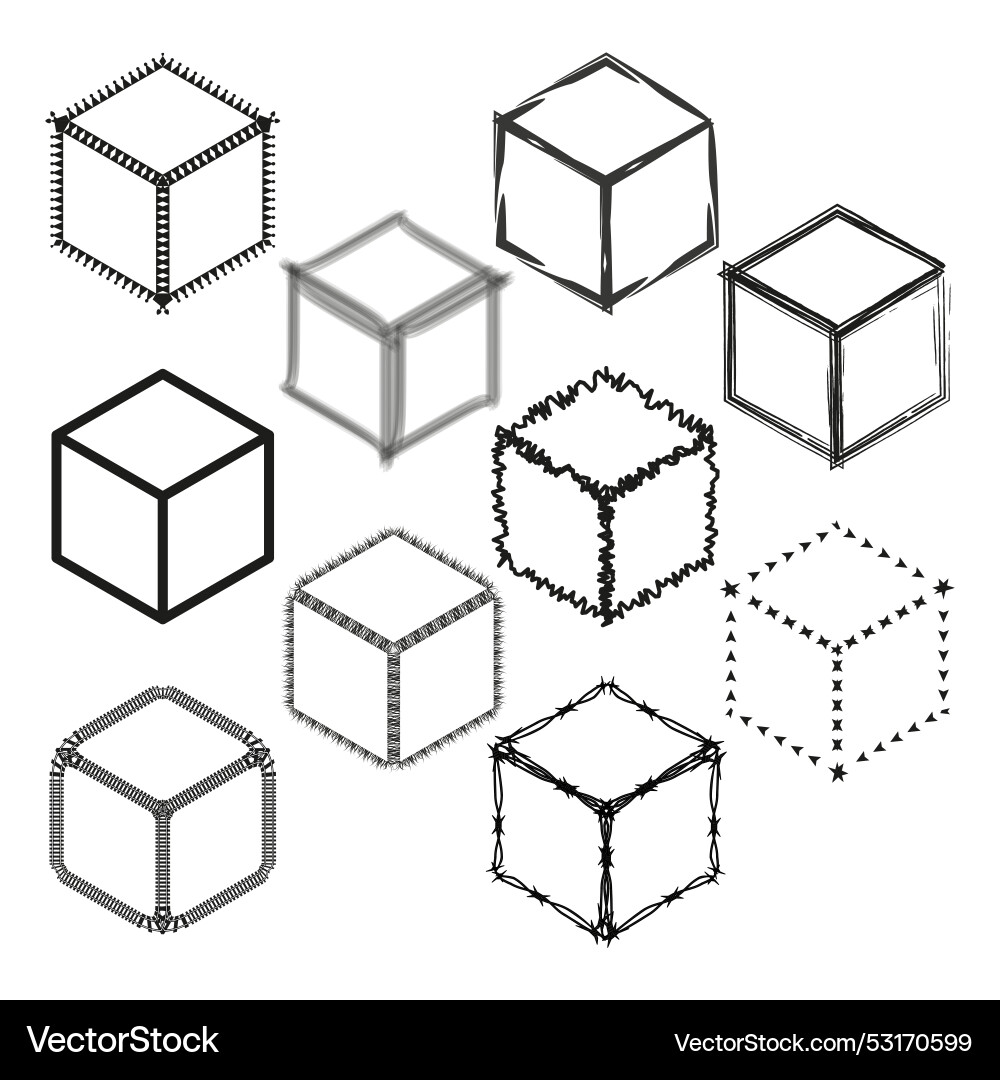 Cube frame set varied line styles geometric Cube frame set varied line styles geometric vector image