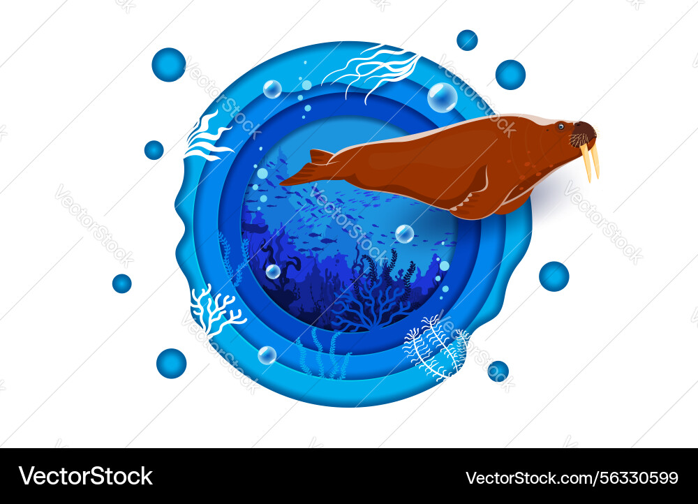 Paper cut landscape with walrus character Paper cut landscape with walrus character vector image
