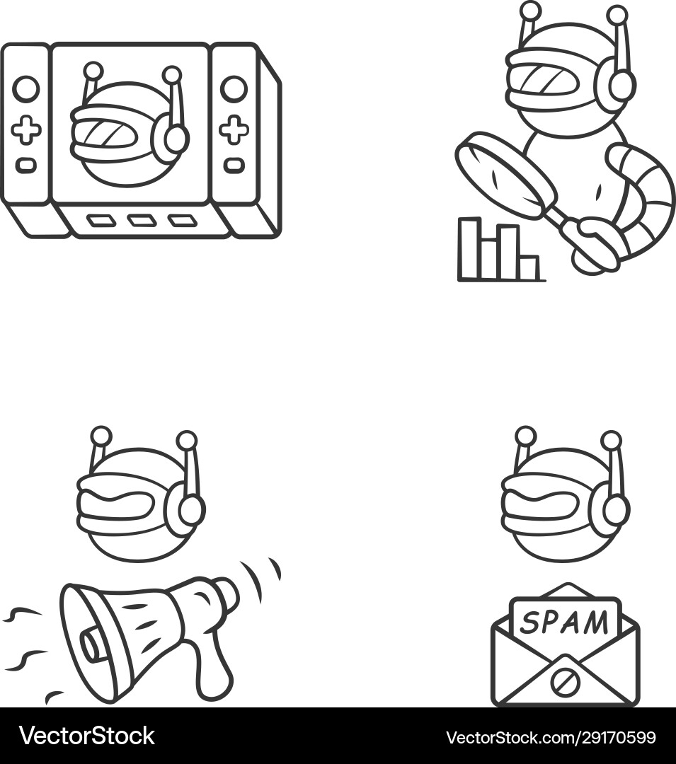 Web robots linear icons set game monitoring spam Web robots linear icons set game monitoring spam vector image