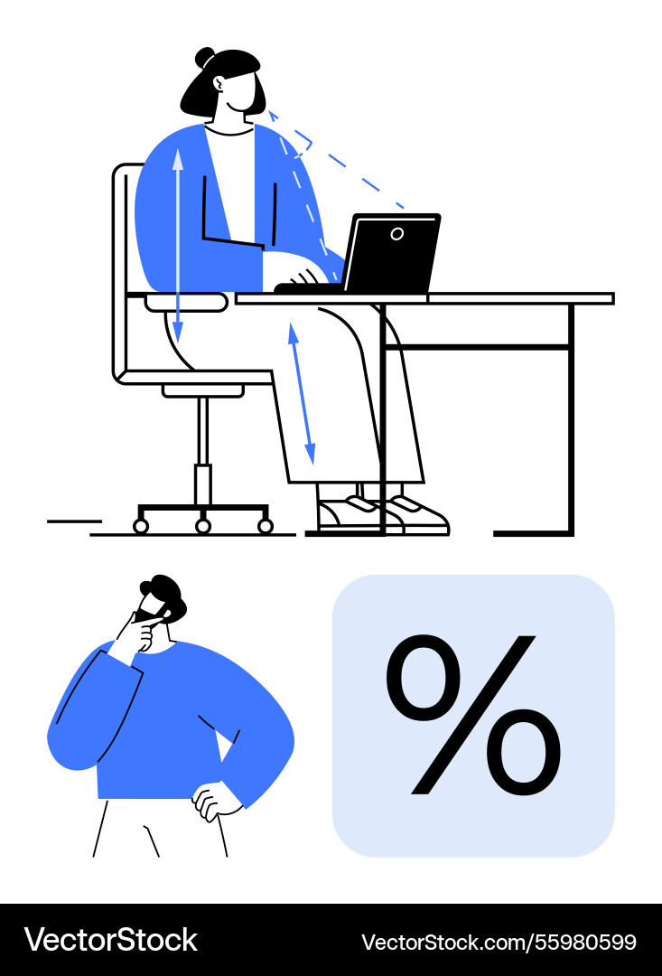 Woman working on laptop with posture indicators Woman working on laptop with posture indicators vector image