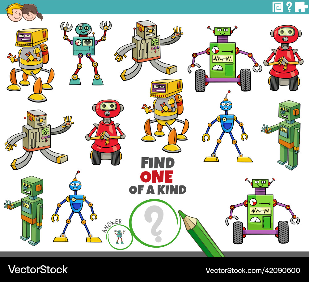 One of a kind task with cartoon robot characters One of a kind task with cartoon robot characters Vector Image
