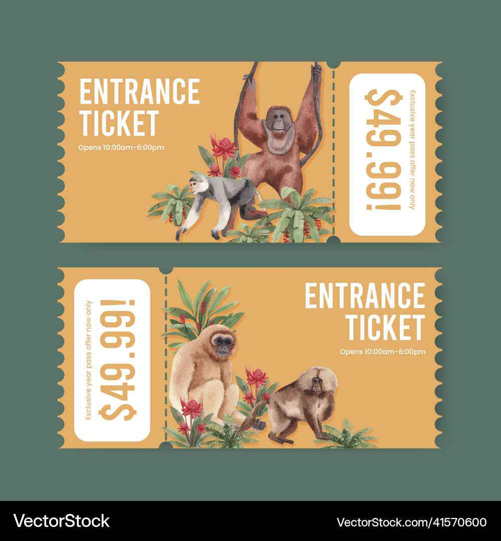 Ticket template with monkey in the jungle Vector Image
