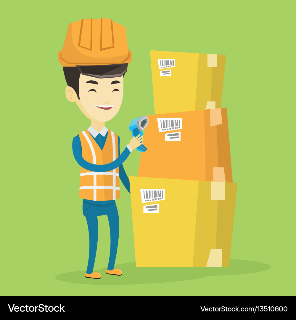 Warehouse worker scanning barcode on box Warehouse worker scanning barcode on box vector image