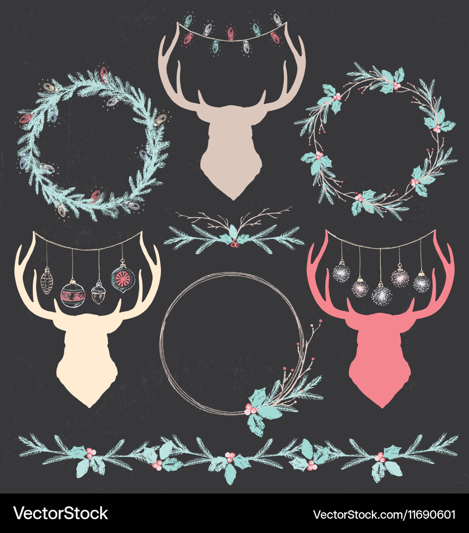 Chalk Christmas Deer & Wreath Set Vector Image