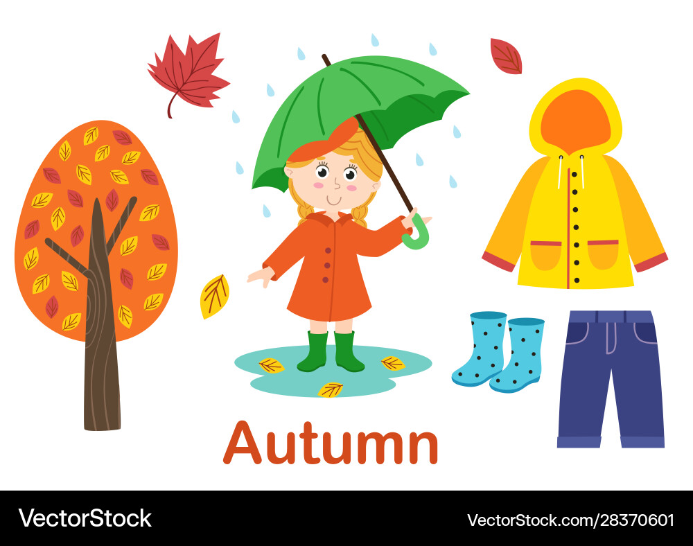 Isolated autumn set with girl tree and clothes vector image