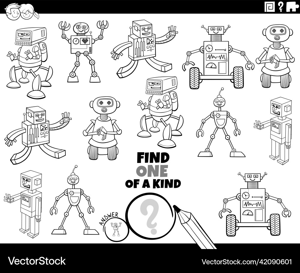 One of a kind task with cartoon robots coloring vector image