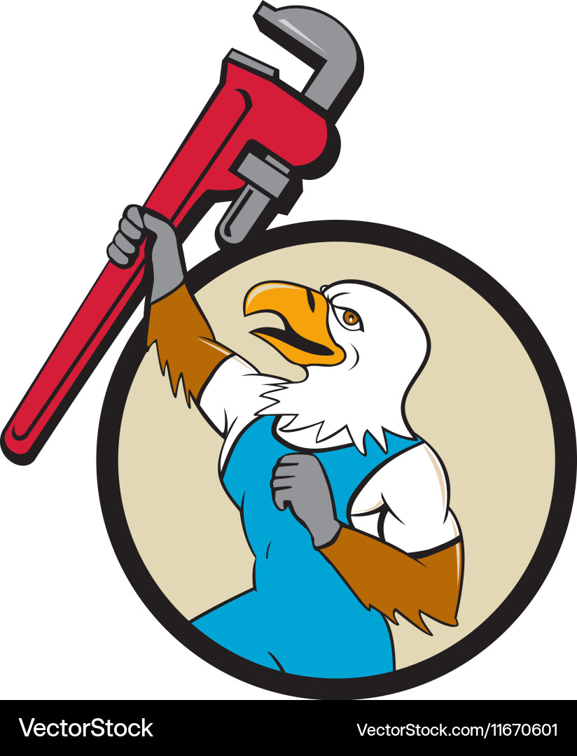 Plumber eagle raising up pipe wrench circle vector image