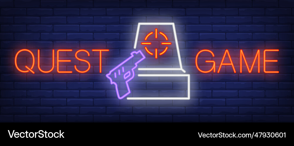 Quest game neon text with pistol and target Quest game neon text with pistol and target vector image