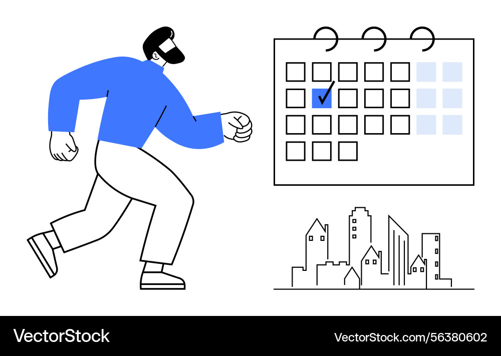 Man running toward calendar with marked date Man running toward calendar with marked date Vector Image