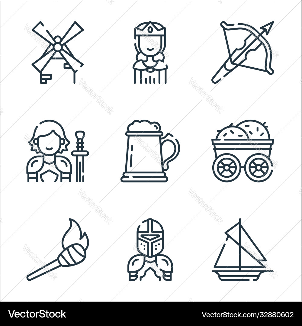 Medieval times line icons linear set quality Medieval times line icons linear set quality vector image