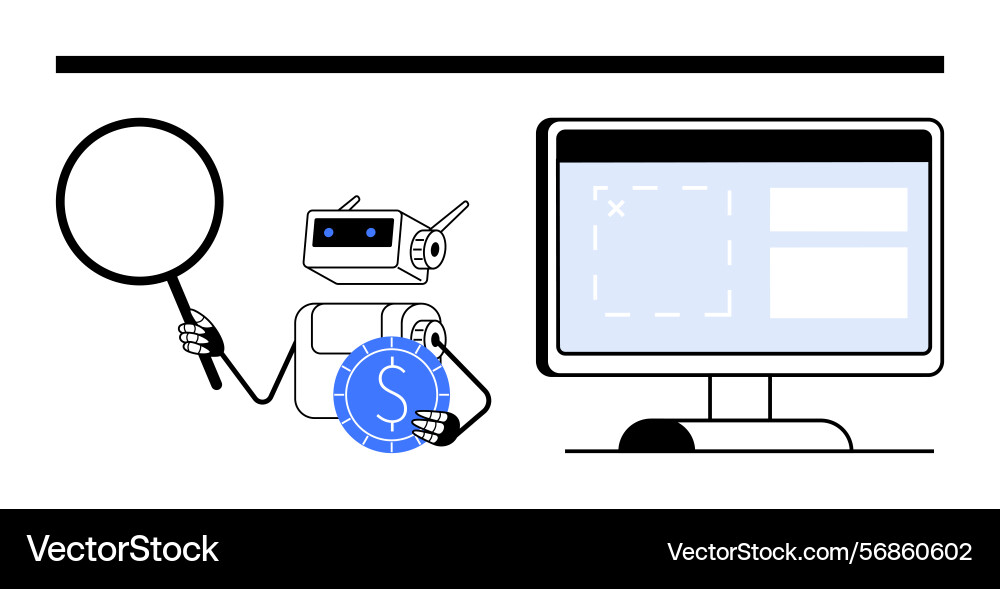 Robot analyzing financial data with magnifying Robot analyzing financial data with magnifying vector image