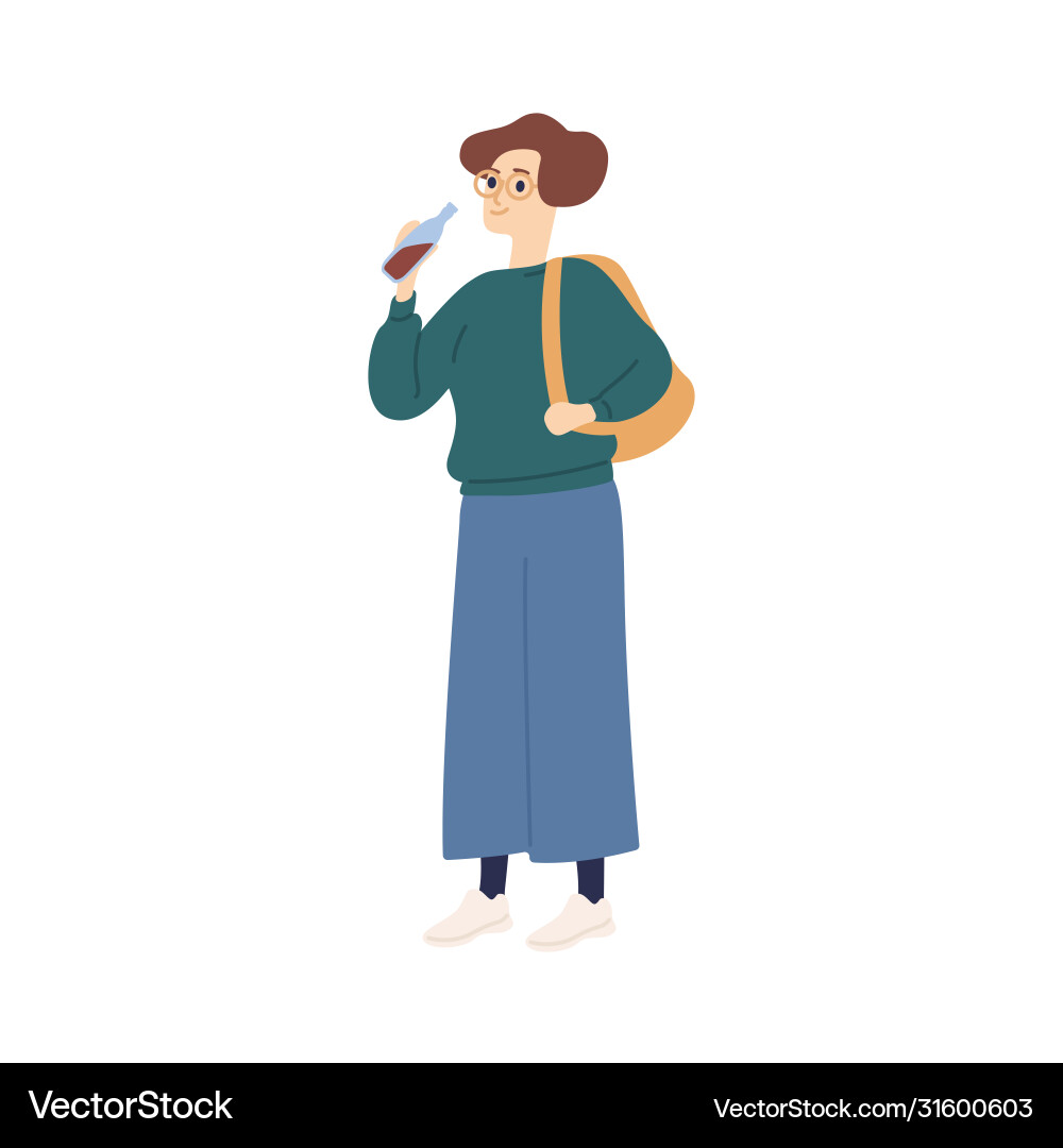 Casual student Frau mit Rucksack trinken Soda Casual student Frau mit Rucksack trinken Soda vektorbild