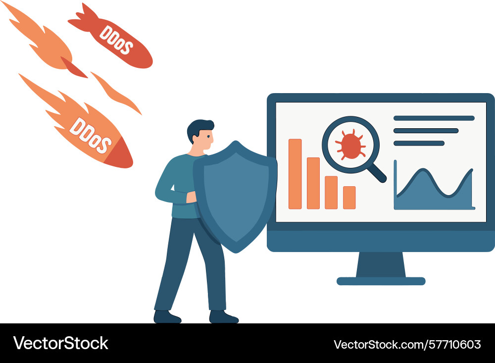 Man holding shield protecting computer from ddos Man holding shield protecting computer from ddos vector image