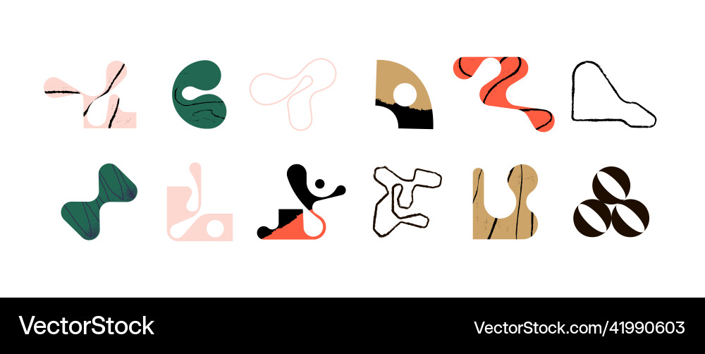 Set of brutalistic curved puzzle objects in random Set of brutalistic curved puzzle objects in random vector image