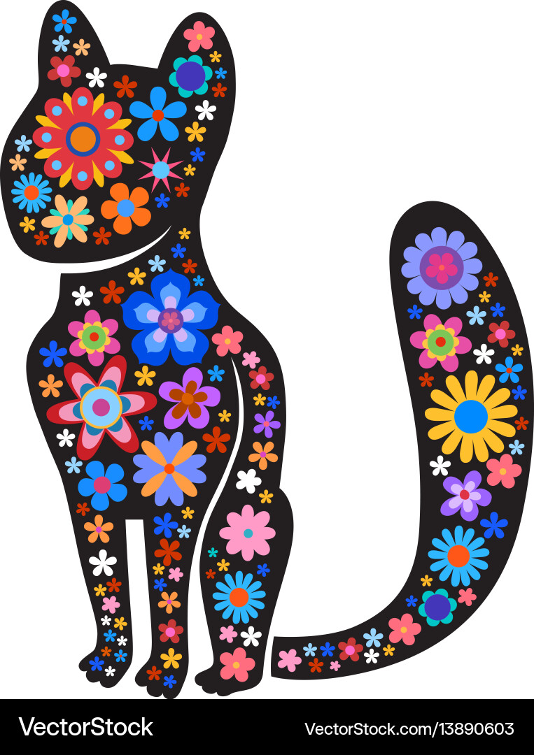 Silhouette of cat with naive style colorful vector image