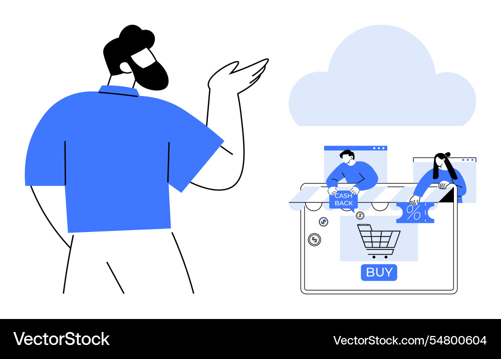 Man exploring online shopping with cloud Man exploring online shopping with cloud vector image