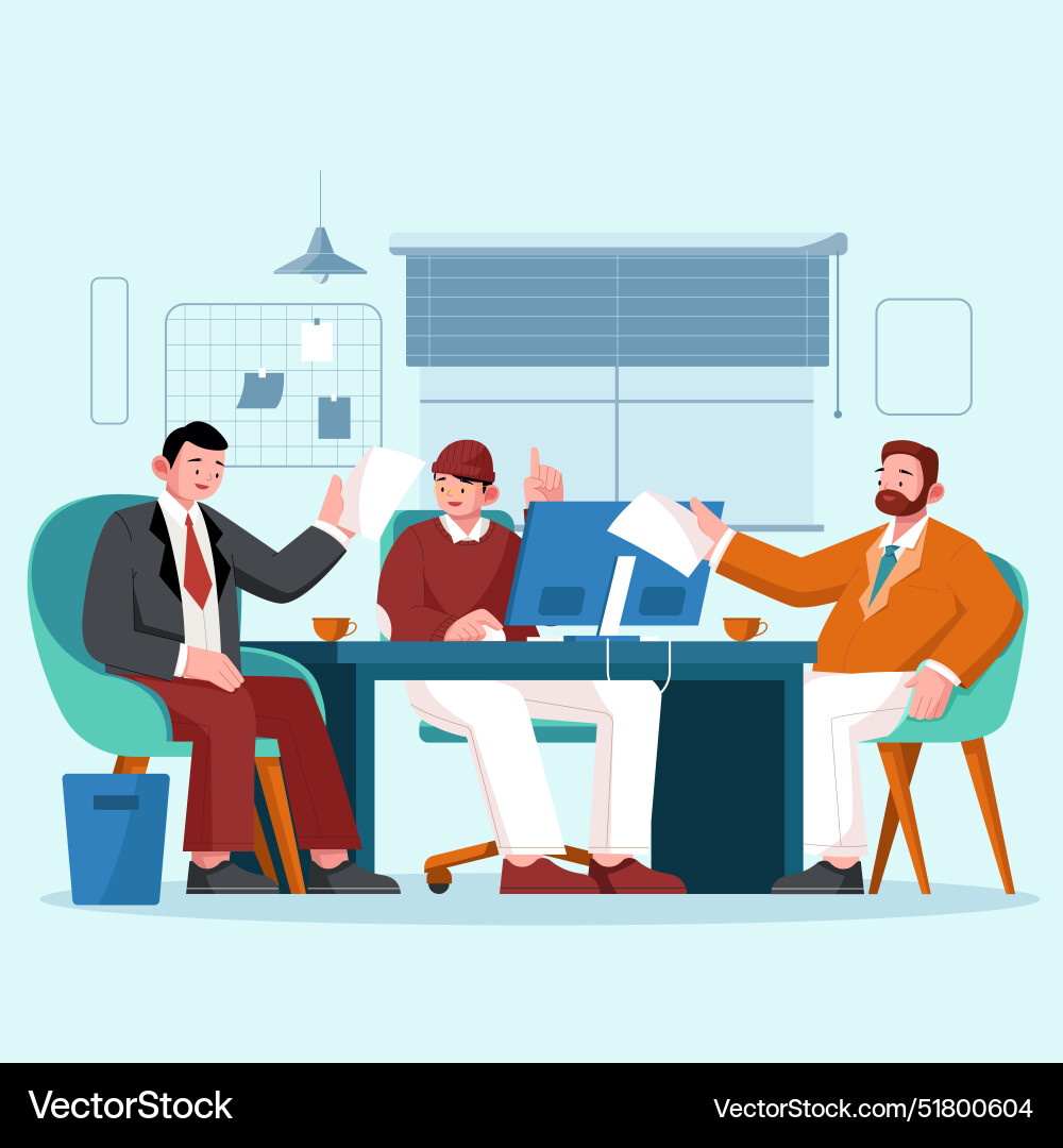 Men gathered around a table using computer Men gathered around a table using computer vector image