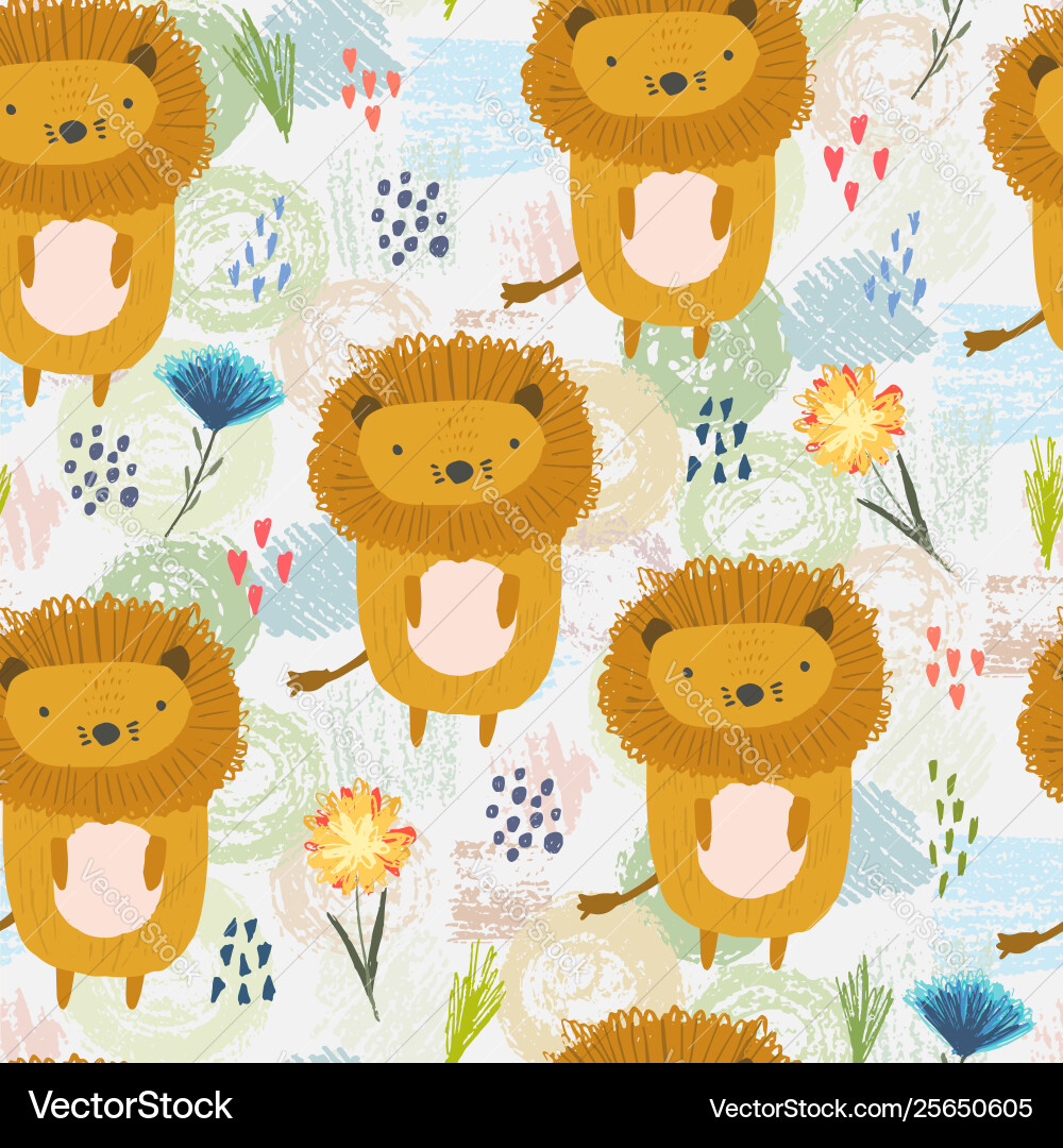 Cute Lion & Flower Pattern Vector Image