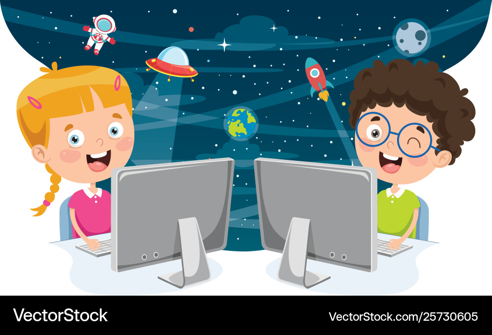 Kids using computer vector image