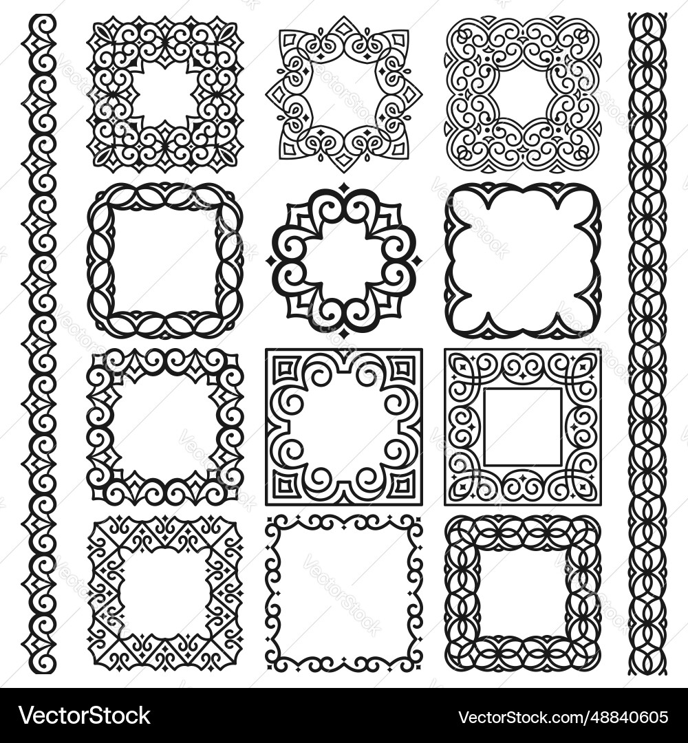 Set of square frames brushes linear ornament Set of square frames brushes linear ornament vector image