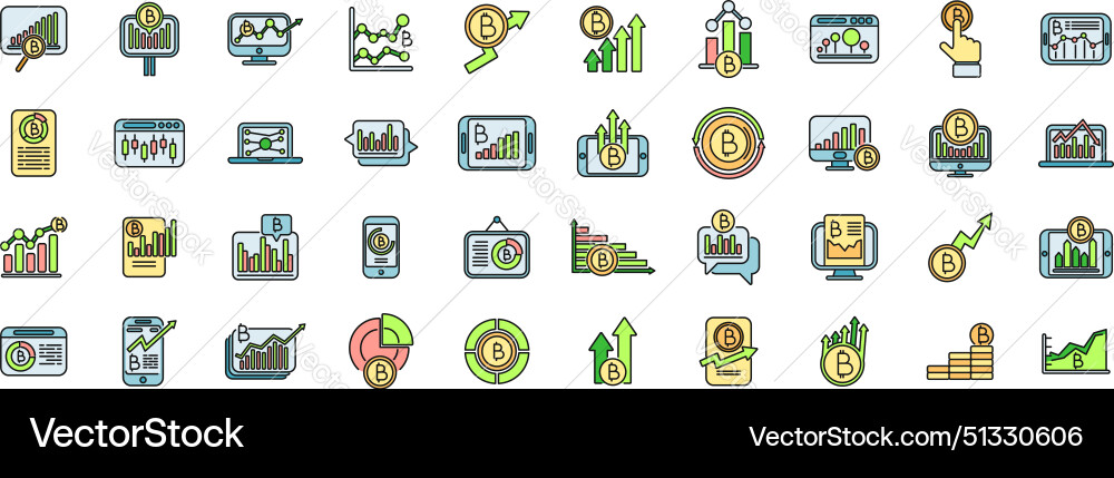 Bitcoin chart icons set color line vector image