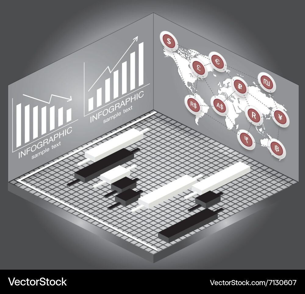 Isometric chart and graph iconsmap currency vector image
