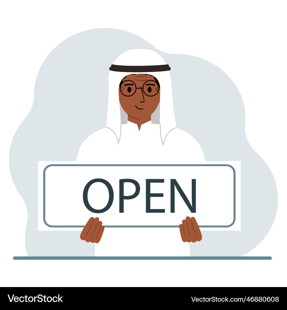 A man holds board with the text open in his Vector Image