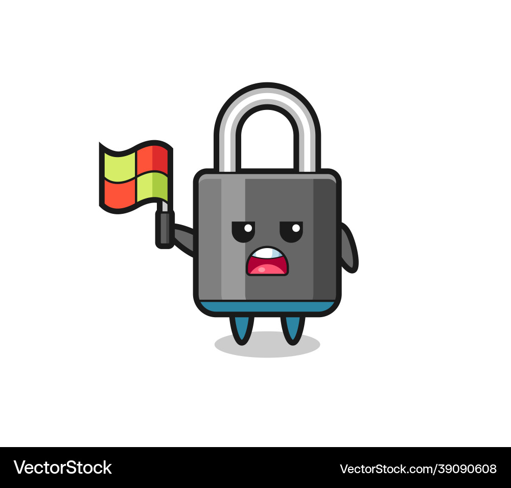 Padlock character as line judge putting the flag Padlock character as line judge putting the flag Vector Image