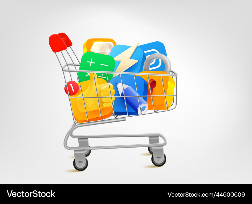 Full trolley of mobile application icons 3d Full trolley of mobile application icons 3d vector image
