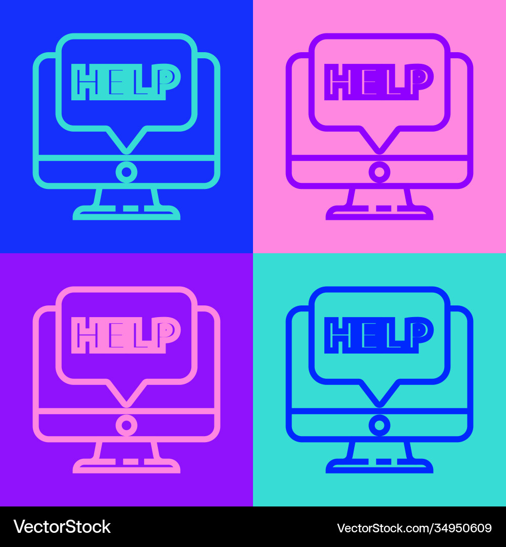 Pop art line computer monitor and help icon Pop art line computer monitor and help icon Vector Image
