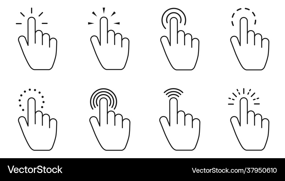 Hand clicking icon set finger click mouse pointer Hand clicking icon set finger click mouse pointer vector image