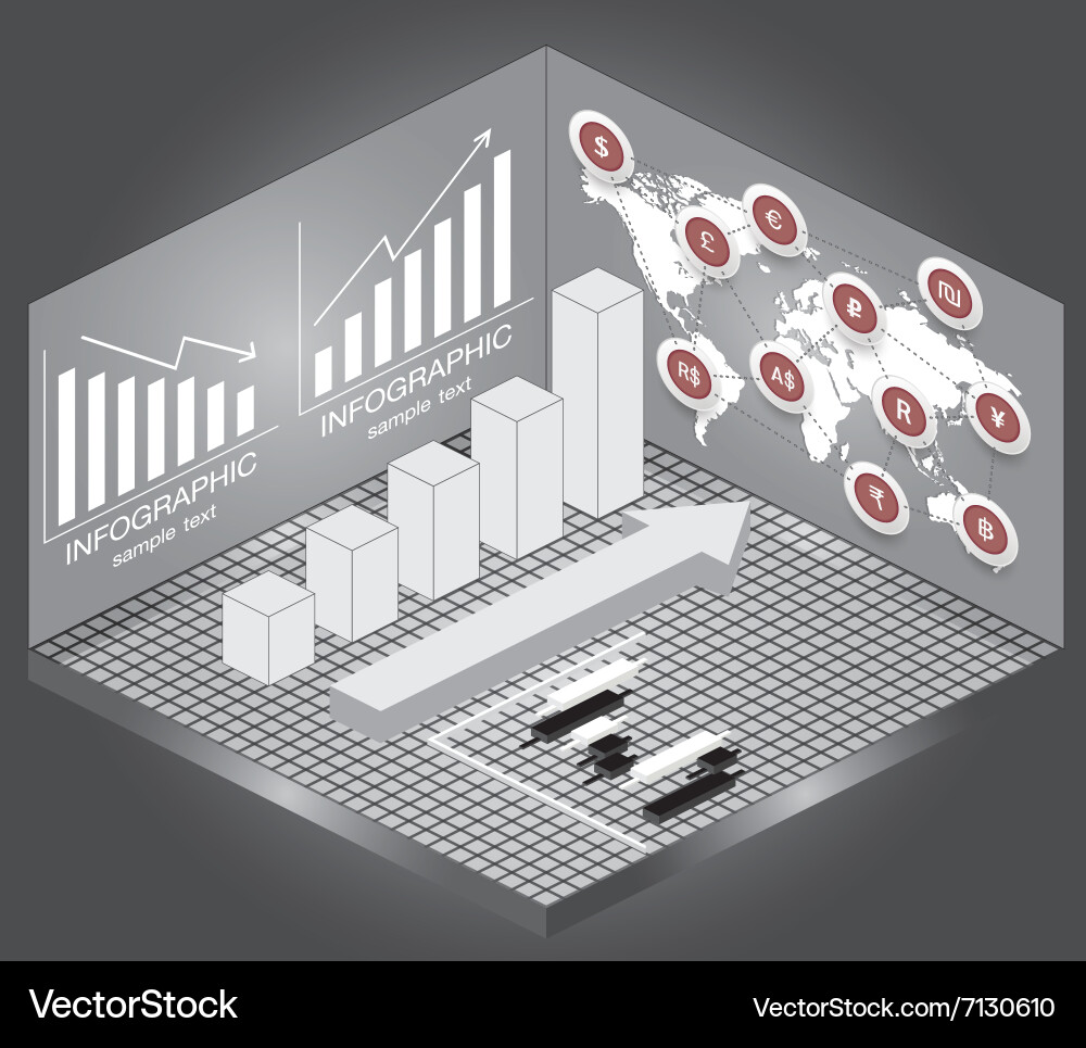 Isometric chart and graph iconsmap currency Vector Image