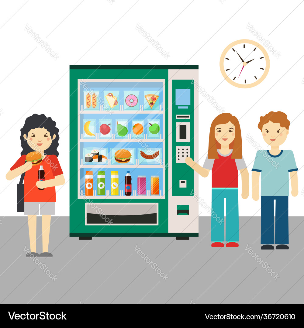 People and vending machine or snack dispenser People and vending machine or snack dispenser vector image