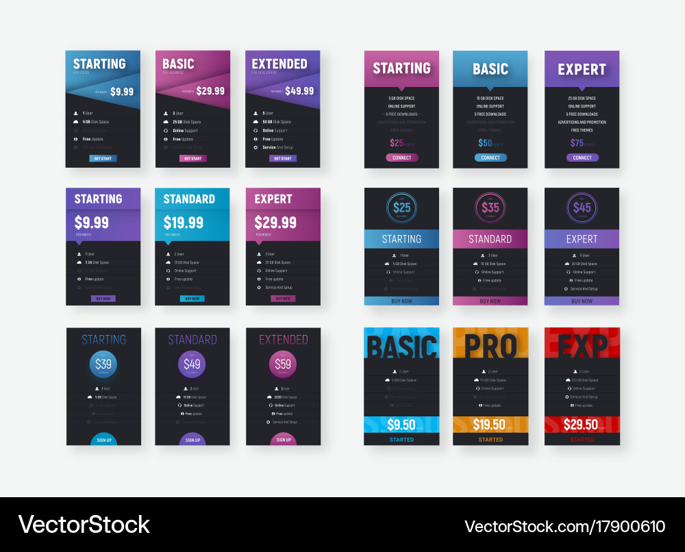 Set of price tables for web sites vector image