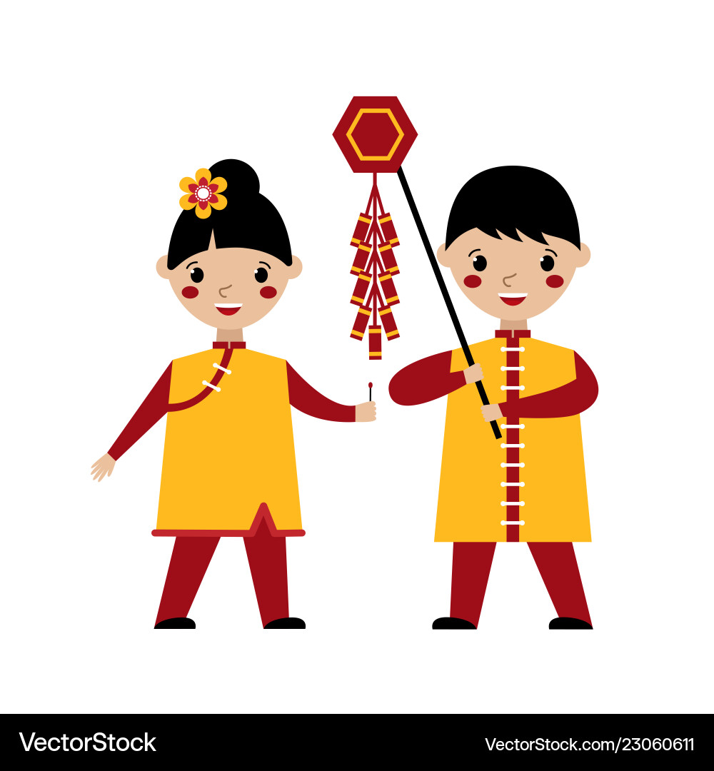 Asian kids playing with firecrackers Royalty Free Vector