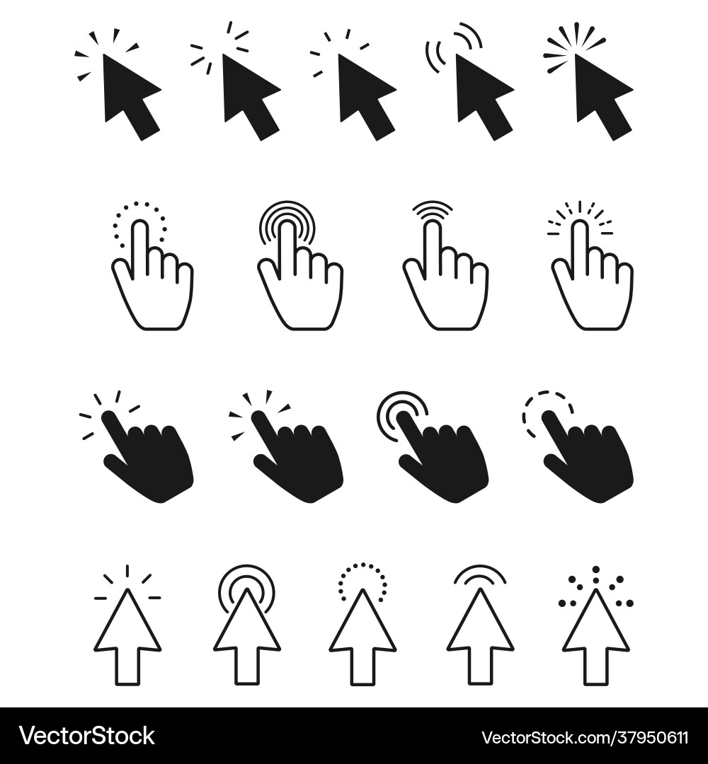 Click icon set hand clicking computer mouse Click icon set hand clicking computer mouse vector image