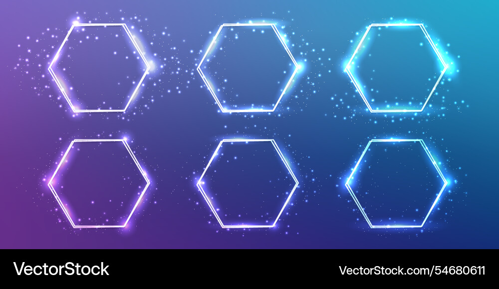 Neon double hexagon frame with shining effects Neon double hexagon frame with shining effects vector image