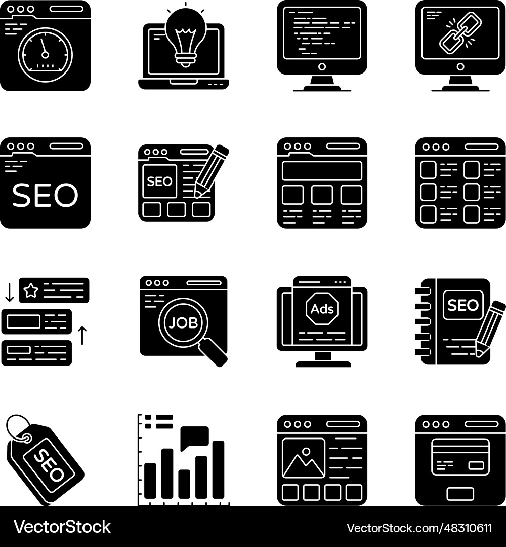Pack of search engine optimization solid icons Vector Image