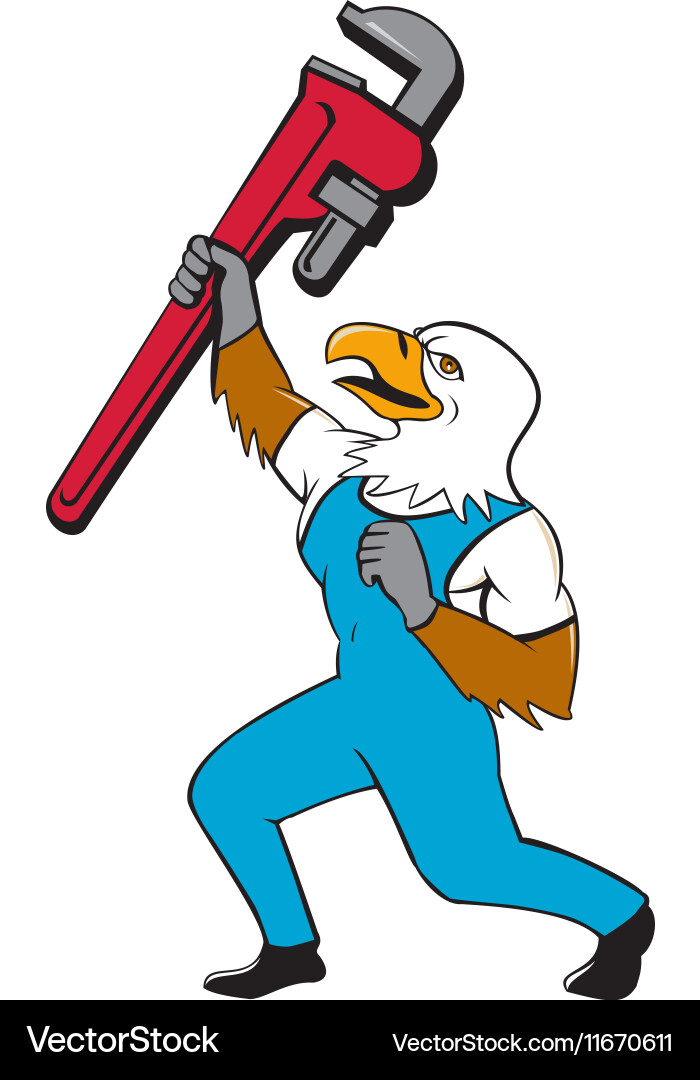 Plumber eagle standing pipe wrench cartoon vector image