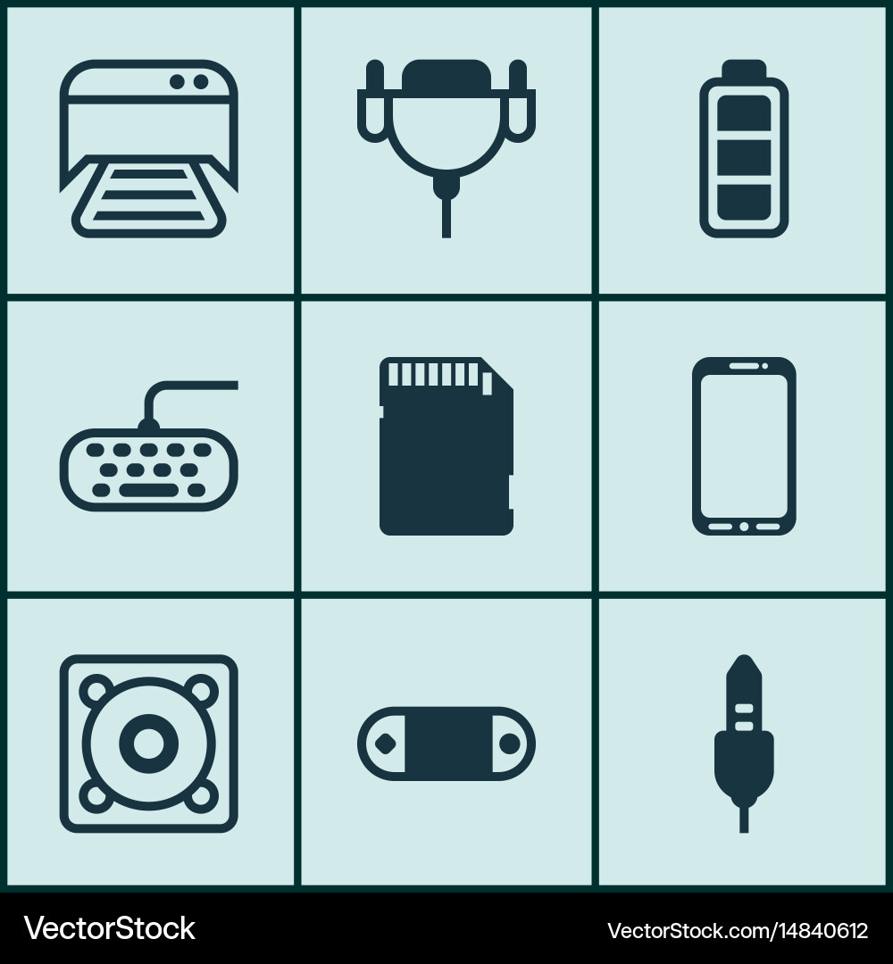 Set of 9 computer hardware icons includes vector image