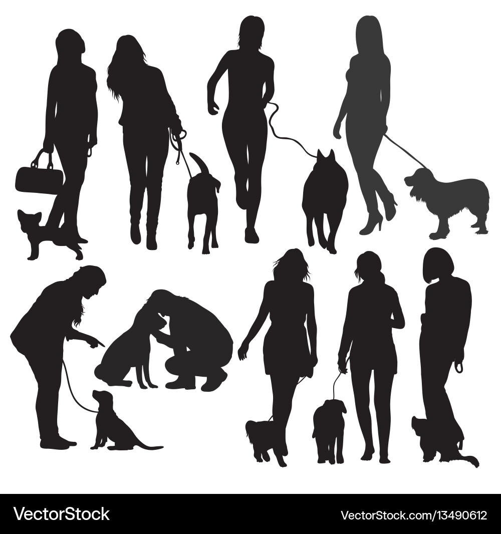 Silhouettes of People and Dogs vector image