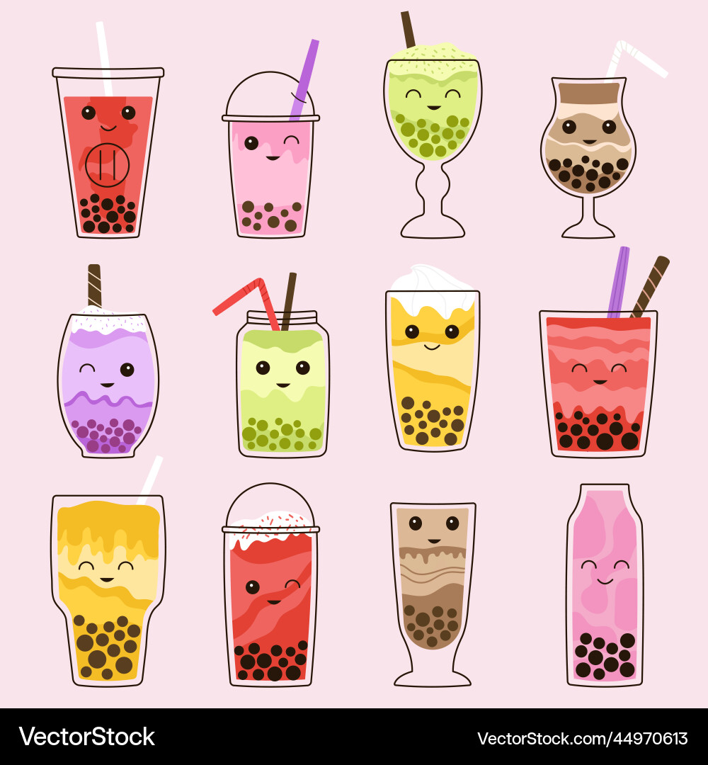 Bubble tea asian drink with kawaii faces kids Bubble tea asian drink with kawaii faces kids vector image