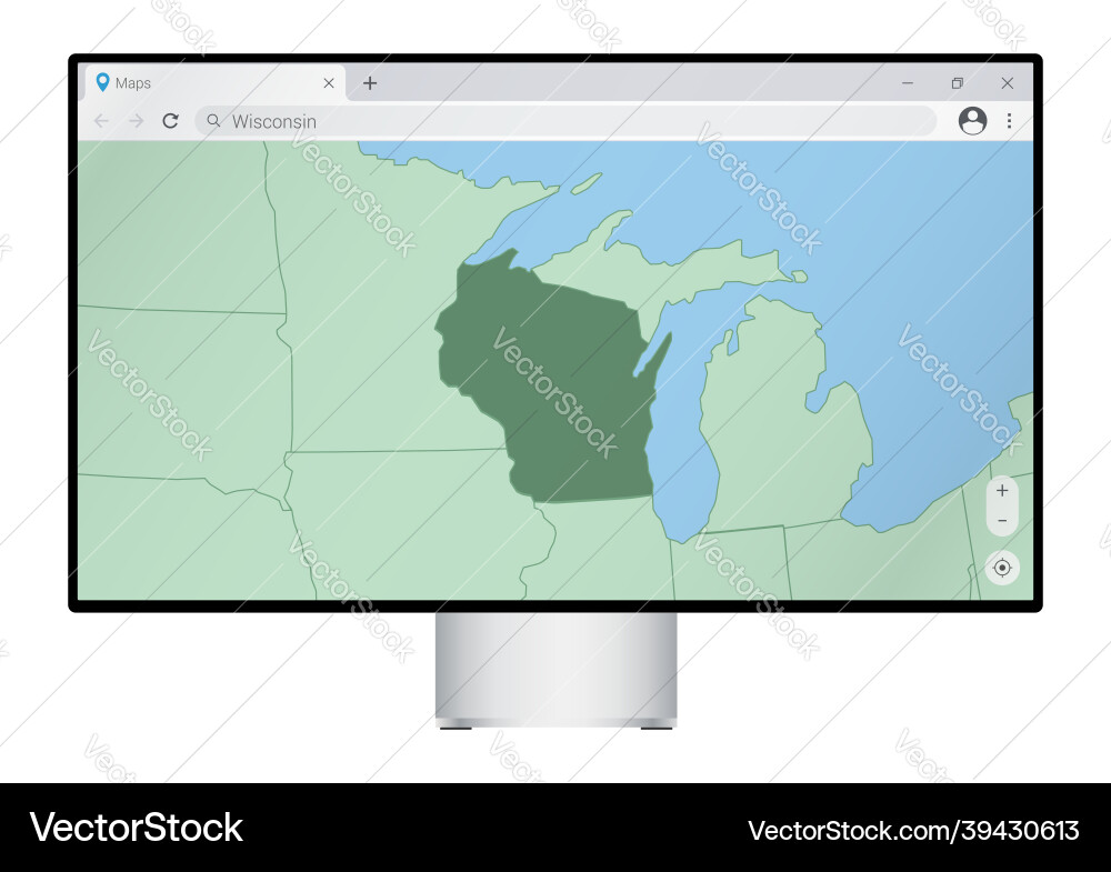 Computer monitor with map of wisconsin in browser Computer monitor with map of wisconsin in browser vector image