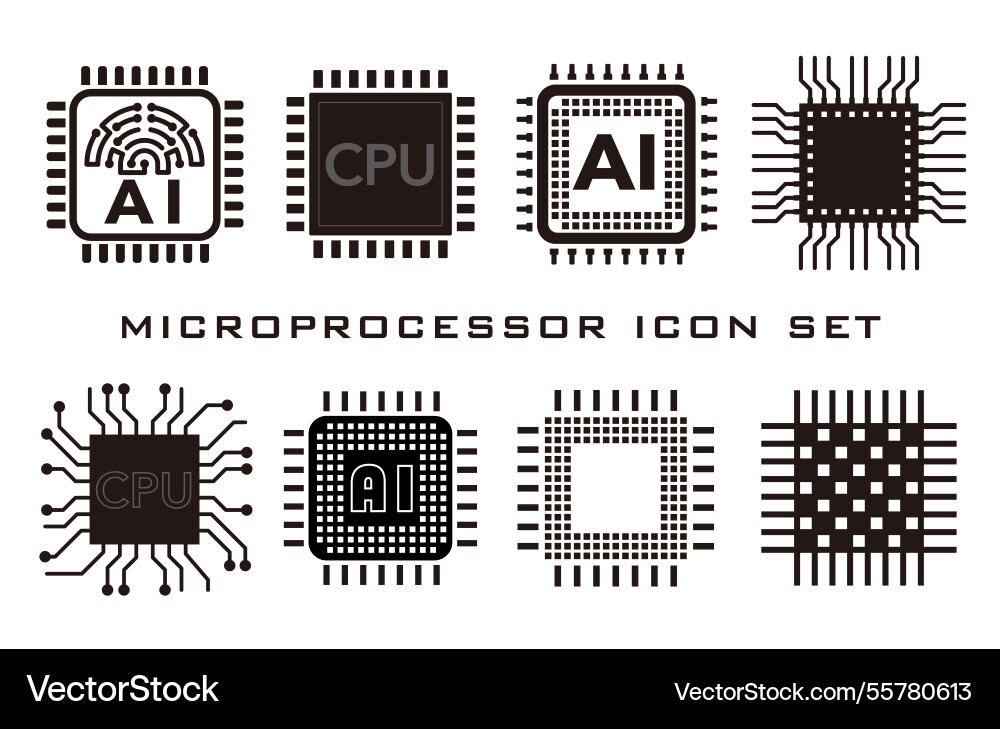 Microprocessor monochrome icon set Microprocessor monochrome icon set vector image