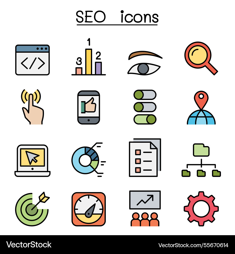 Seo and optimization icon set in color line style Seo and optimization icon set in color line style Vector Image