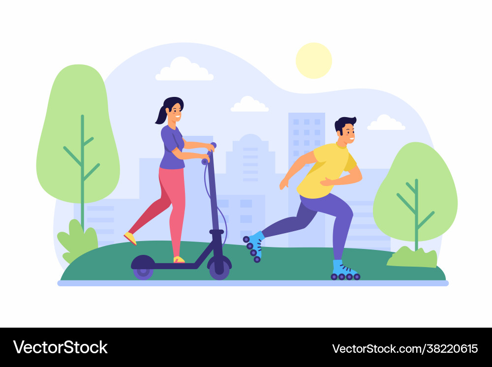 Scooter and roller skating in park young woman Scooter and roller skating in park young woman vector image