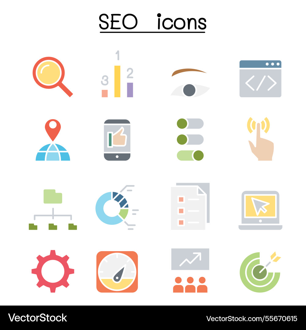 Seo and optimization icon set in flat color style Seo and optimization icon set in flat color style vector image